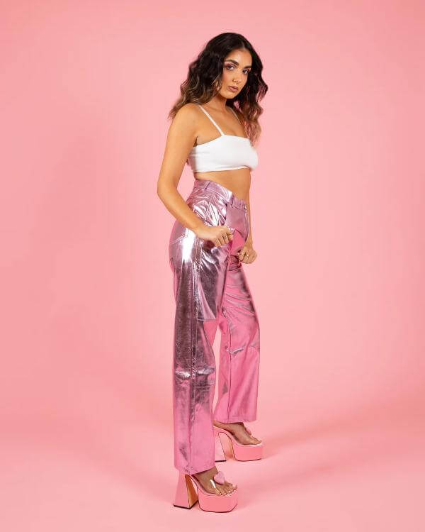 Pink Metallic Pants Outfit Summer