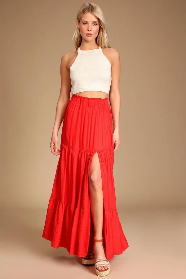 Red Maxi Skirt Outfit Street Style