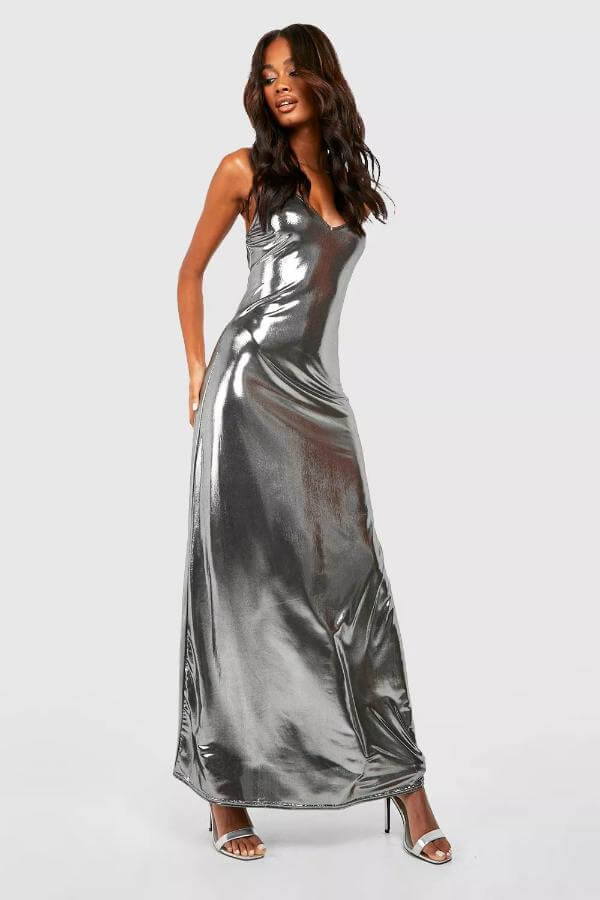 Silver Metallic Dress Long