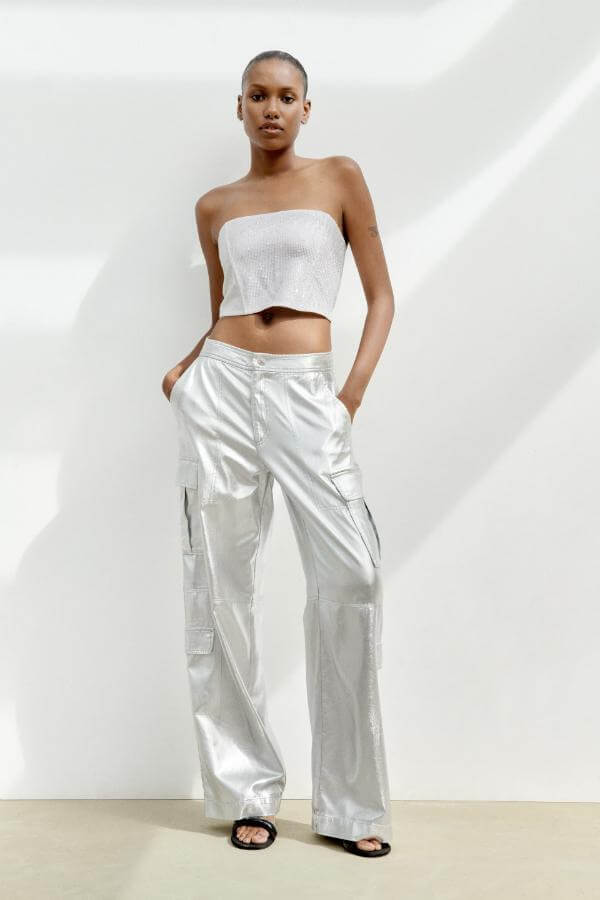 Silver Metallic Pants Outfit Black Women