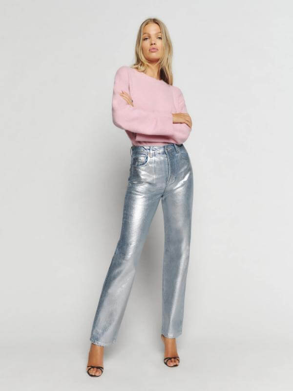 Silver Metallic Pants Outfit Street Style