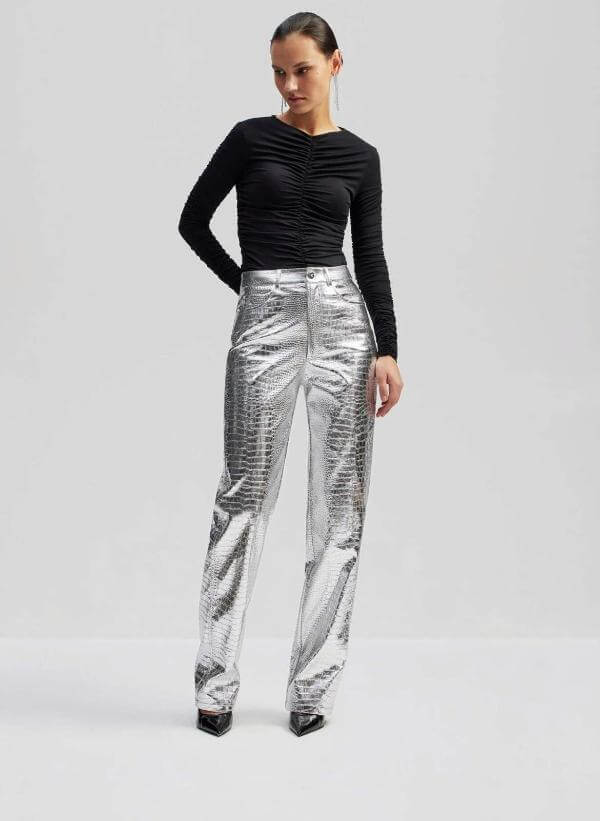 Silver Metallic Pants Outfit Women