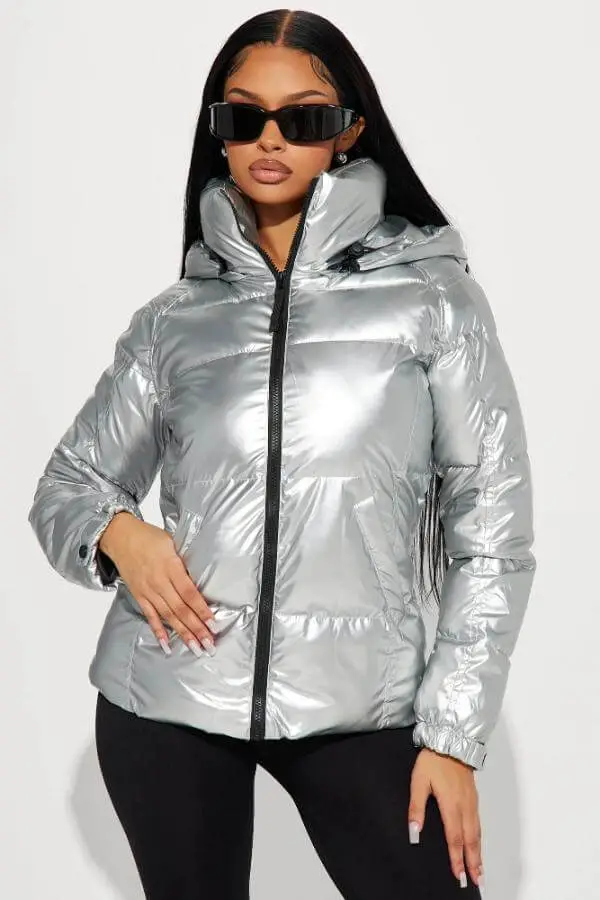 Silver Metallic Puffer Jacket Outfit
