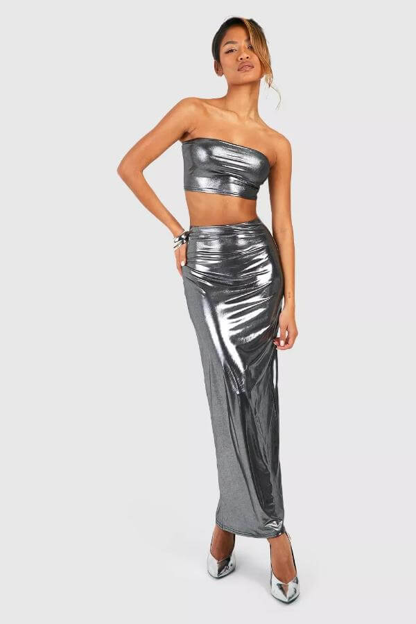 Silver Metallic Skirt Outfit Black Women