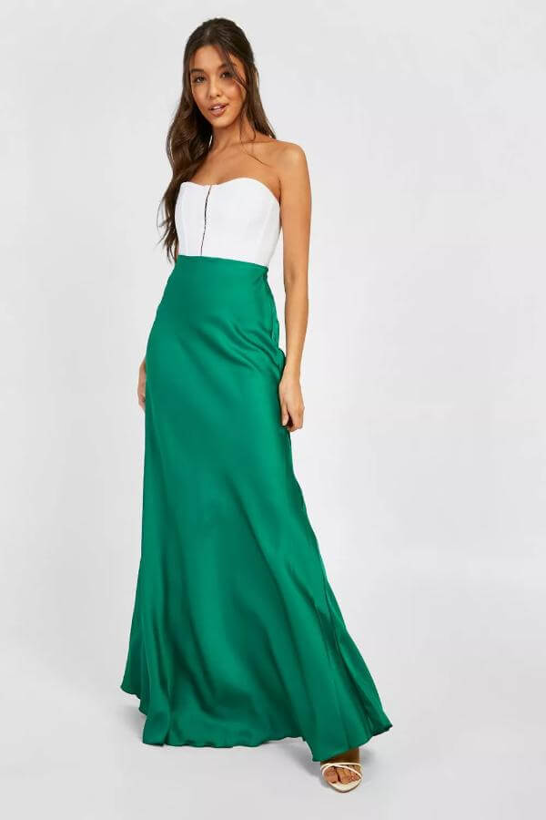 Green Long Skirt White Top Outfit
