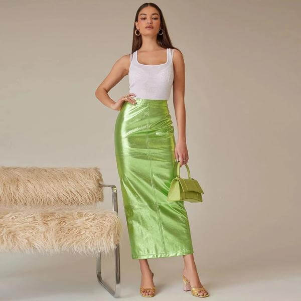Green Metallic Skirt Outfit