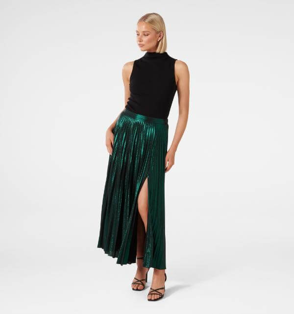 Metallic Green Pleated Skirt