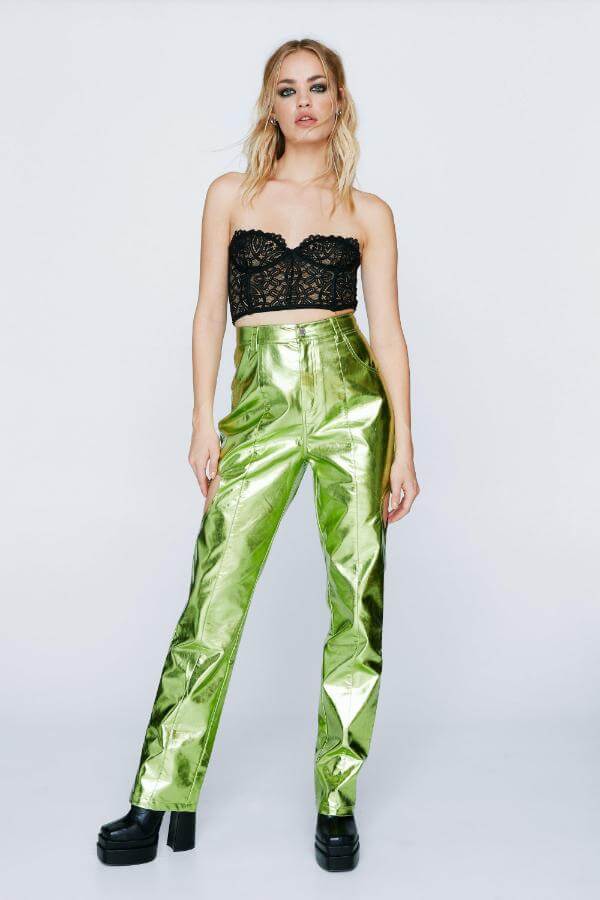 Green Metallic Leather Pants