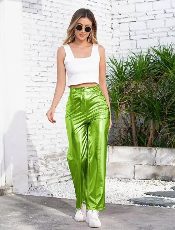 Green Metallic Pants Outfit Casual