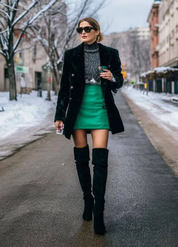 Green Mini Skirt Outfit Winter