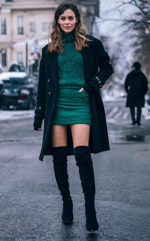 Green Short Skirt Outfit Winter