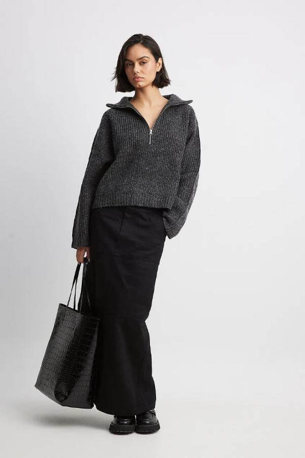 How to Style Black Denim Maxi Skirt