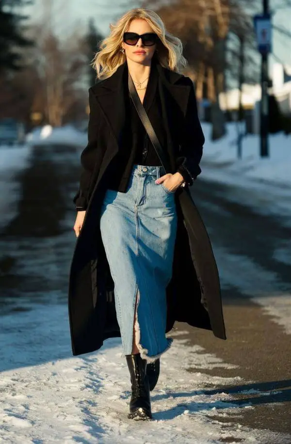 How to Style a Maxi Denim Skirt in Winter