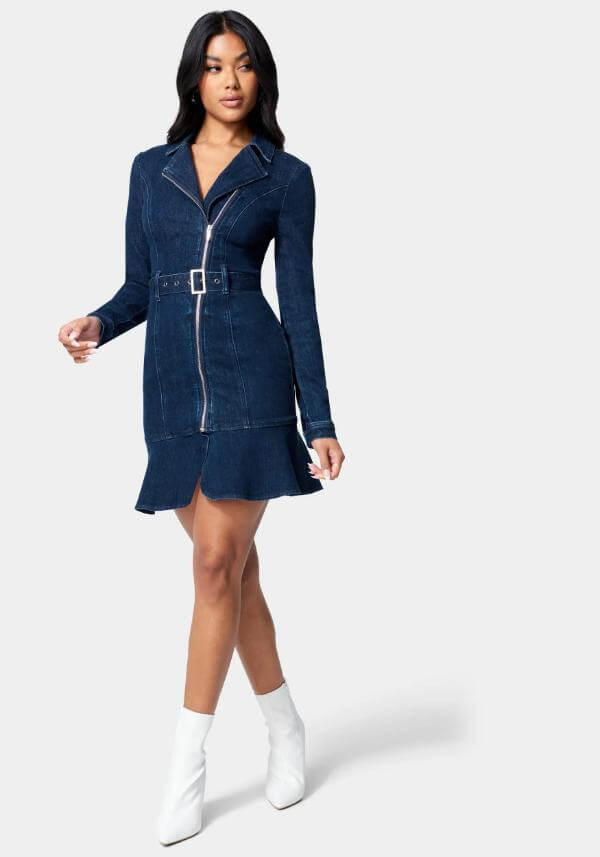 Denim Mini Dress Outfit With Boots