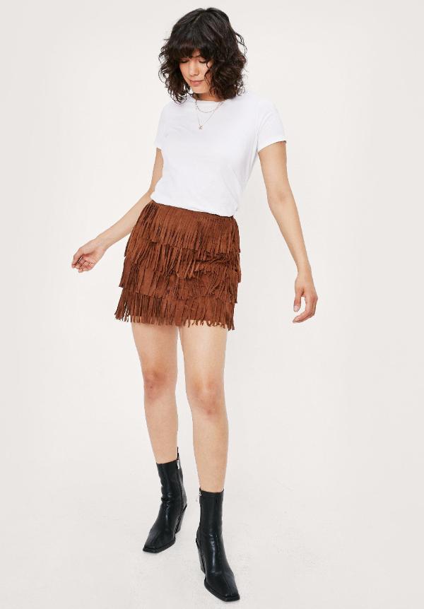 Suede Fringe Mini Skirt Outfit