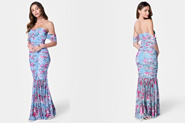 Off The Shoulder Floral Ruched Mesh Gown