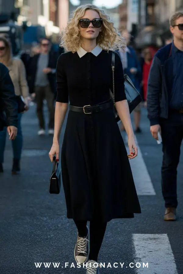 Black Dress With Tights and Sneakers