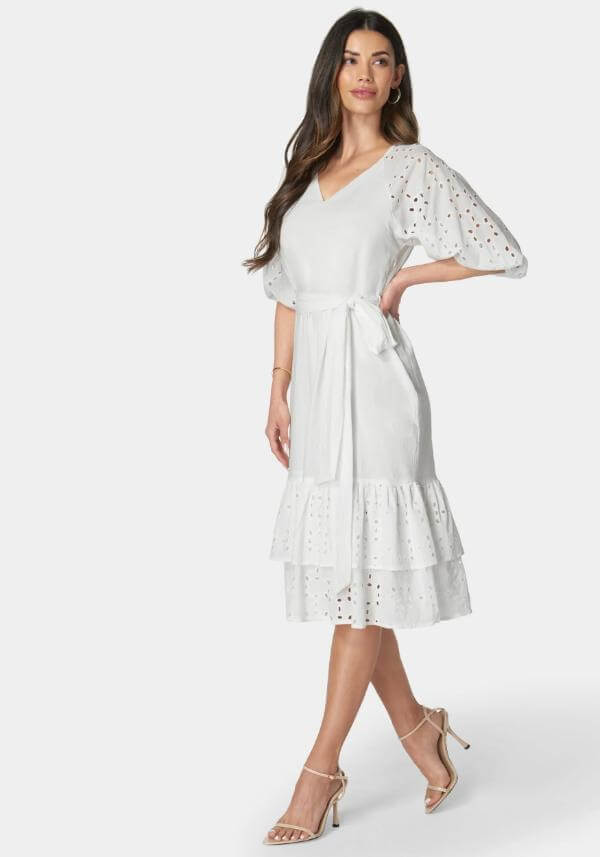 White Cotton Midi Eyelet Dress