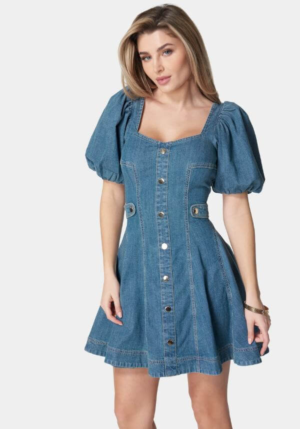 Balloon Sleeve Denim Dress