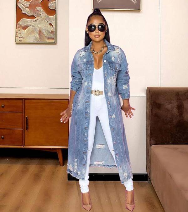 Long Distressed Denim Jacket Outfit