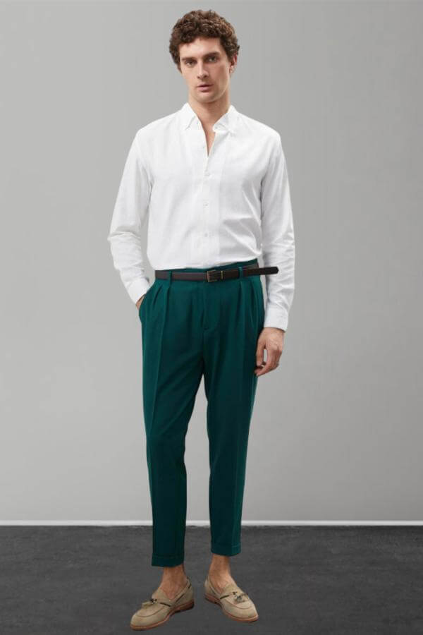 Men Green Pants White Shirt