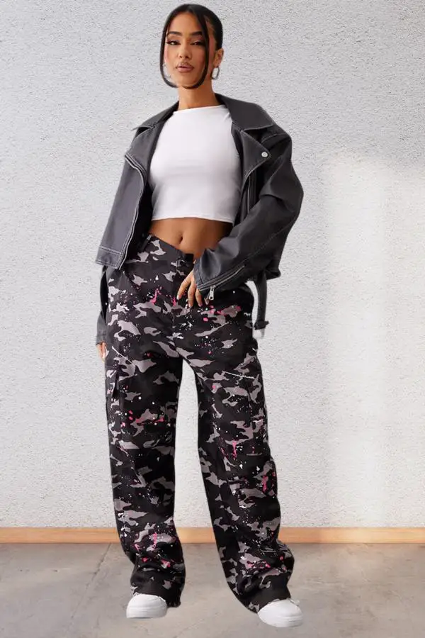 Camo Pants Leather Jacket Outfit