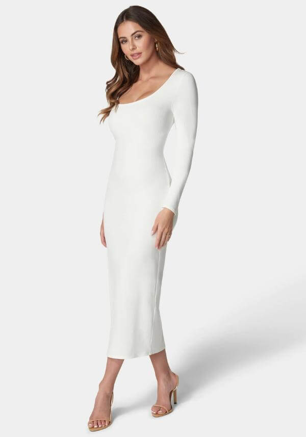 White Ribbed Long Sleeve Dress 