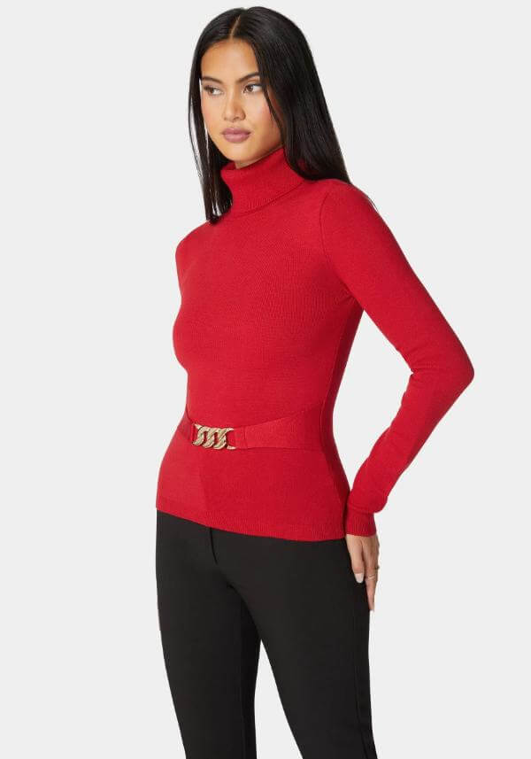 Red Turtle Neck Sweater Outfit Women