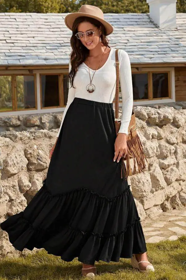 Black Long Layered Skirt Outfit