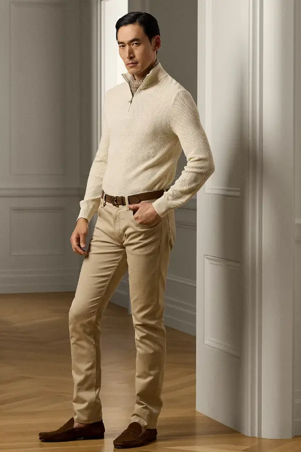 Beige Zip Up Sweater Outfit Men