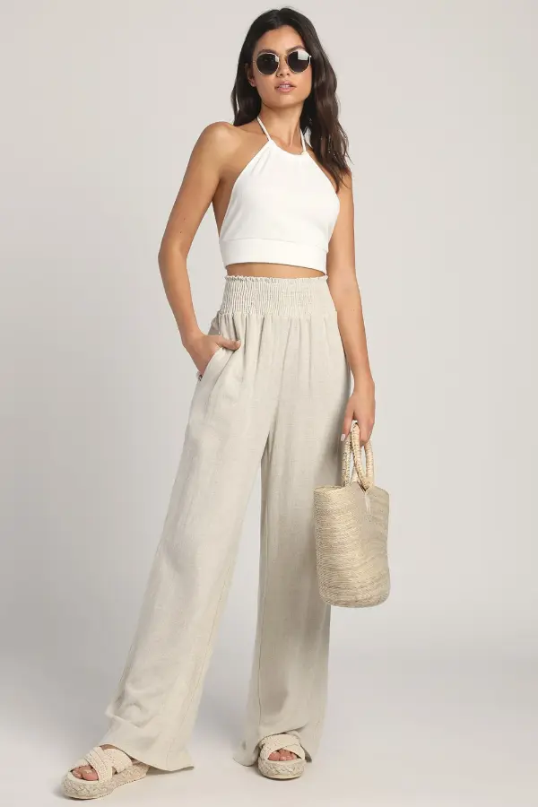 Beige Wide Leg Pants