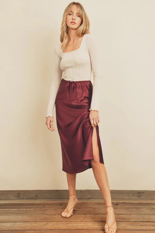 Burgundy Satin Skirt Outfit