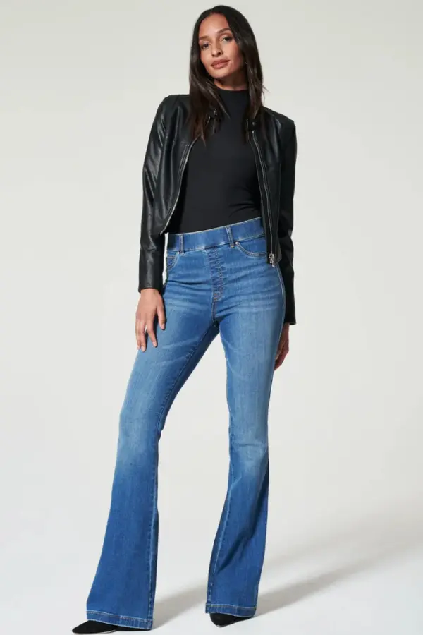 Flare Jeans Leather Jacket Outfit