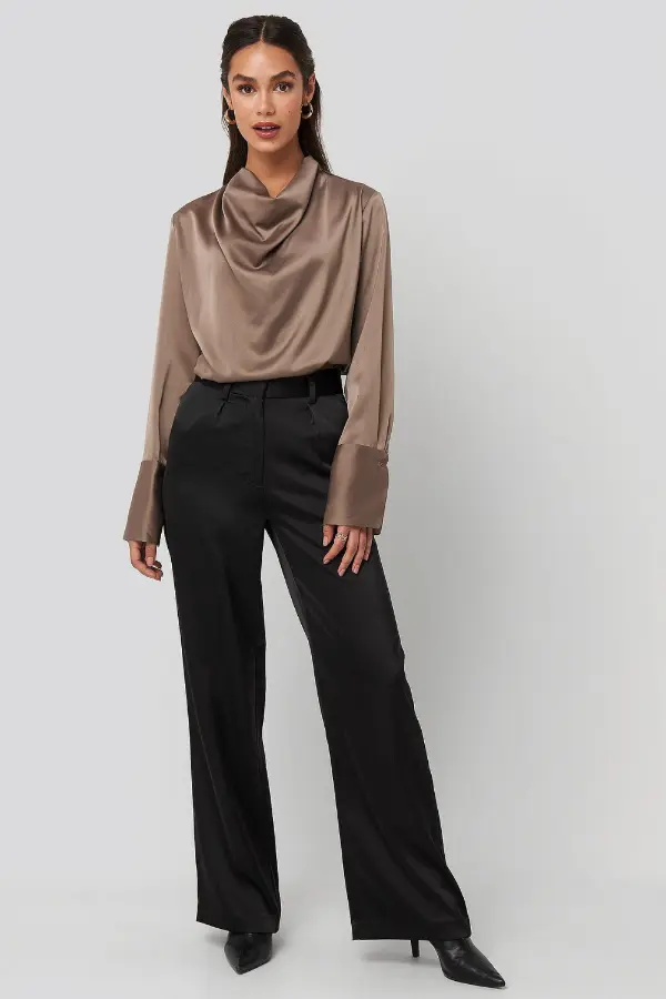 Brown Satin Blouse Outfit