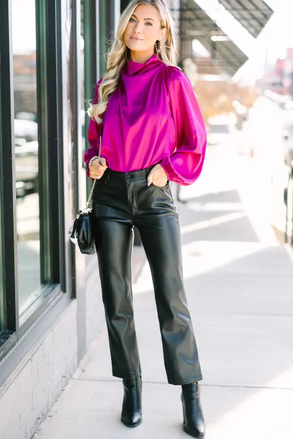 Purple Satin Blouse Outfit