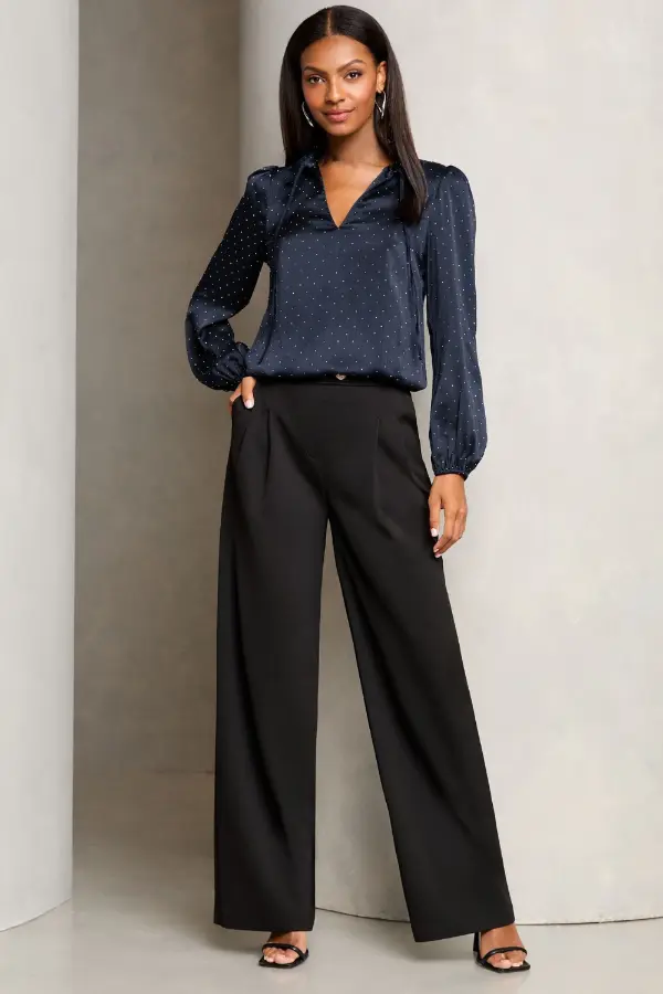Navy Satin Blouse Outfit