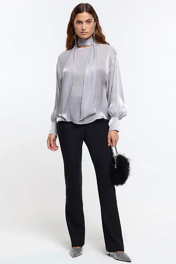 Silver Satin Blouse Outfit