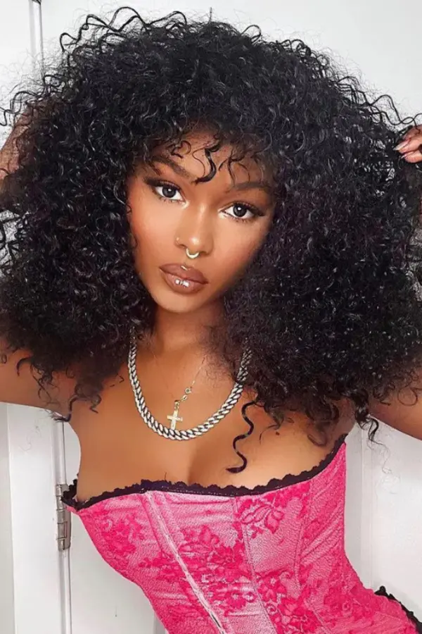 Medium Curly Human Hair Wig With Bangs