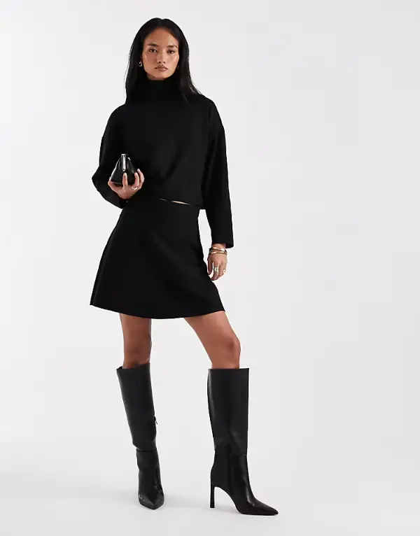 Black Mini Skirt With Sweater and Boots