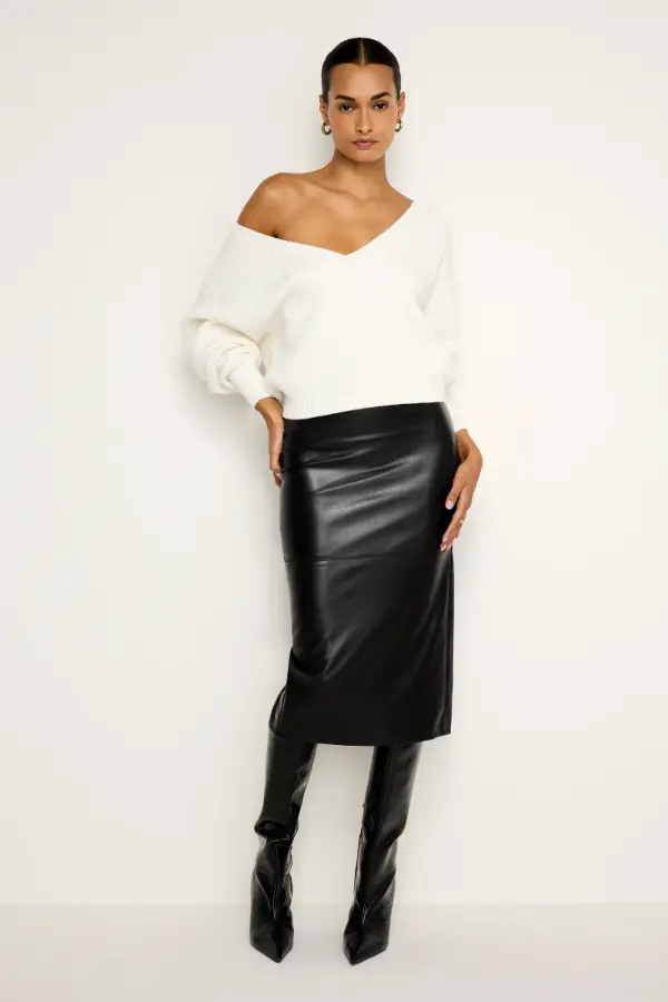 Faux Leather Midi Skirt Outfits